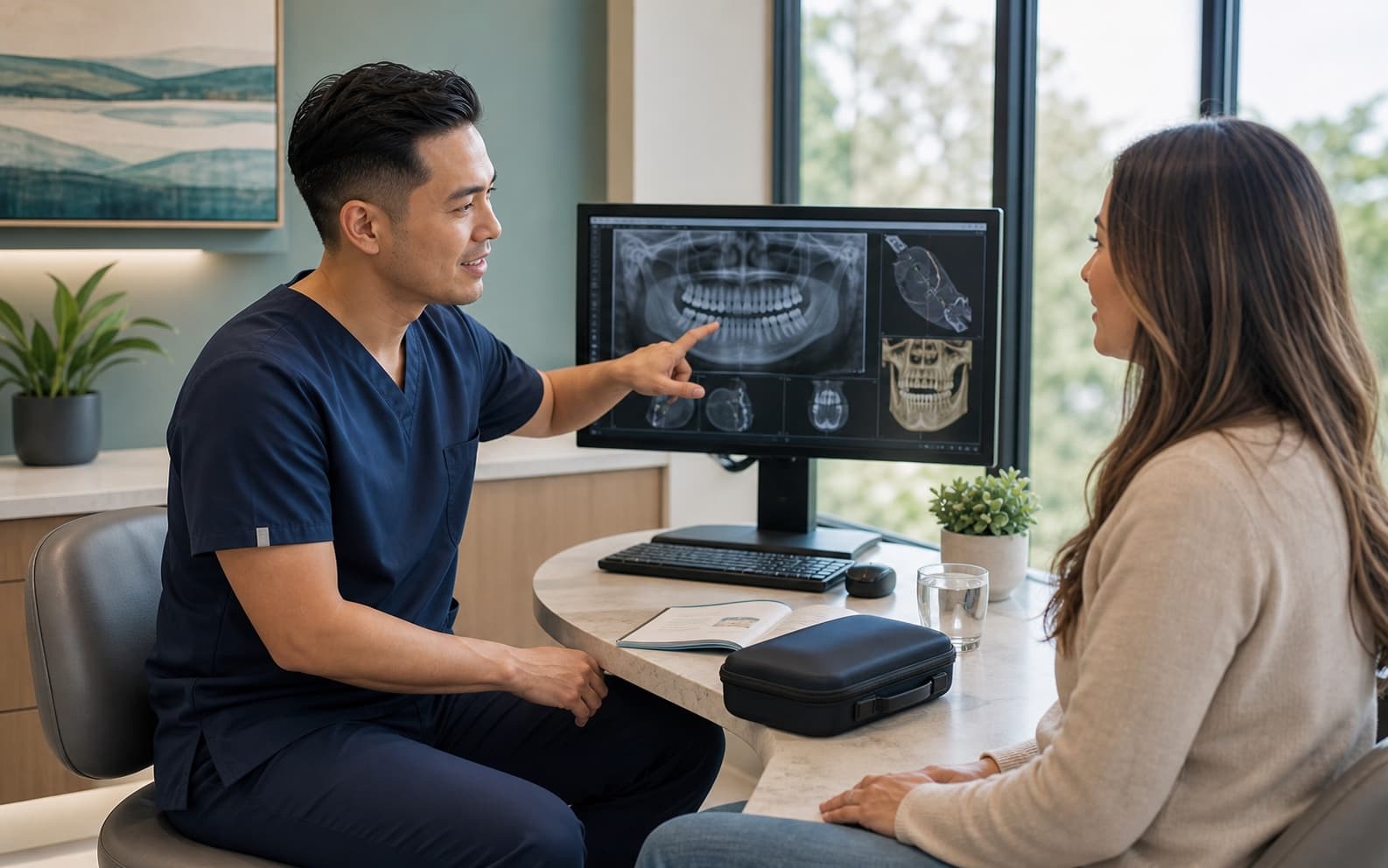 Dental professional reviewing treatment planning and recovery information with a patient