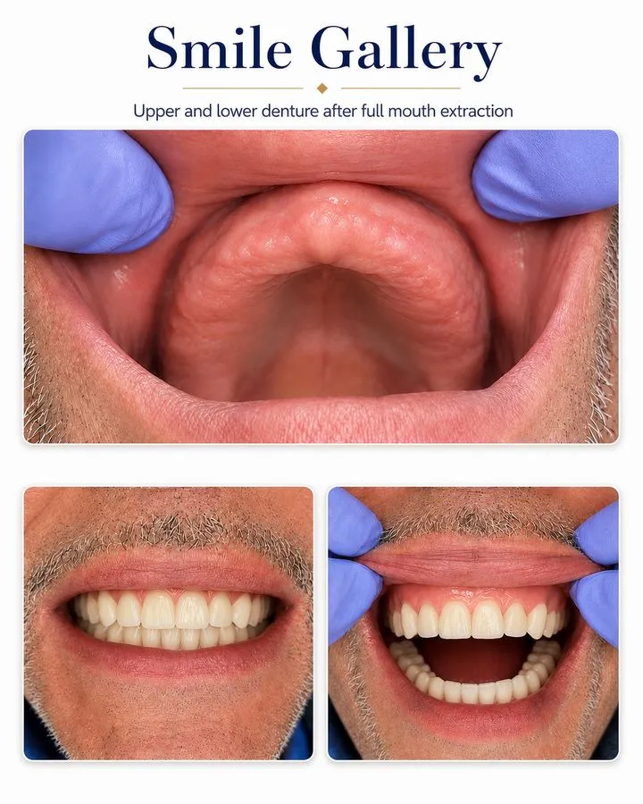Before and after: Upper & Lower Denture — SoftDental Houston, real patient case with signed consent