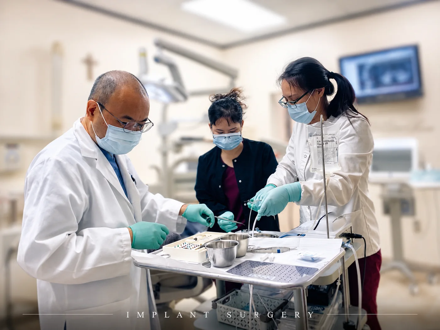 Dr. Minh Nguyen performing implant surgery with two assistants in full PPE — Bicon implant surgical kit and saline irrigation visible on the tray, CBCT scan on the monitor in the background