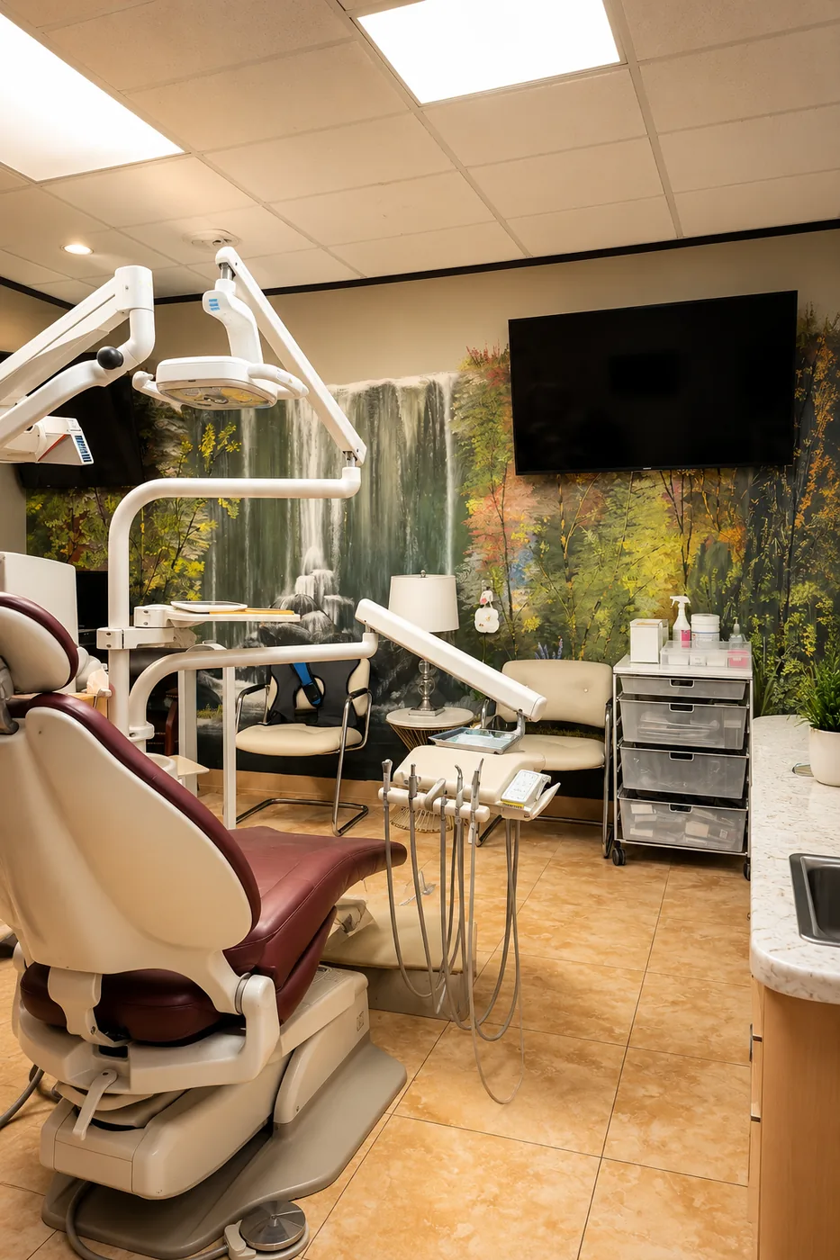 A warm comfort operatory at SoftDental with a forest waterfall mural on the back wall, a lamp on a side table, burgundy dental chair, and softer non-clinical lighting